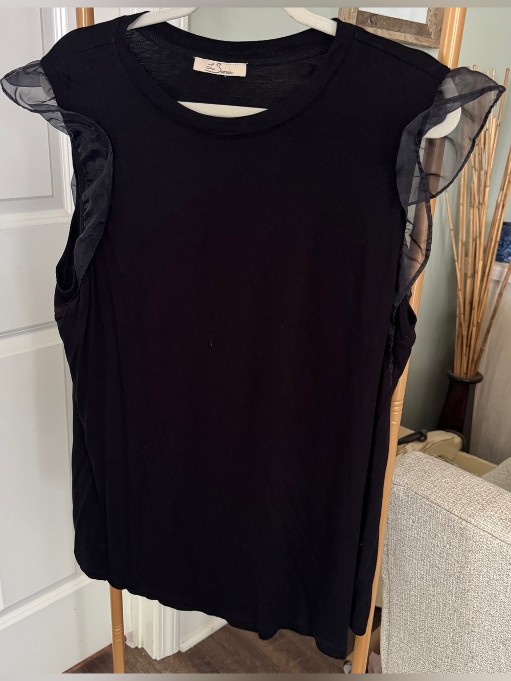 Sheer Ruffle Sleeve Black Tank Top